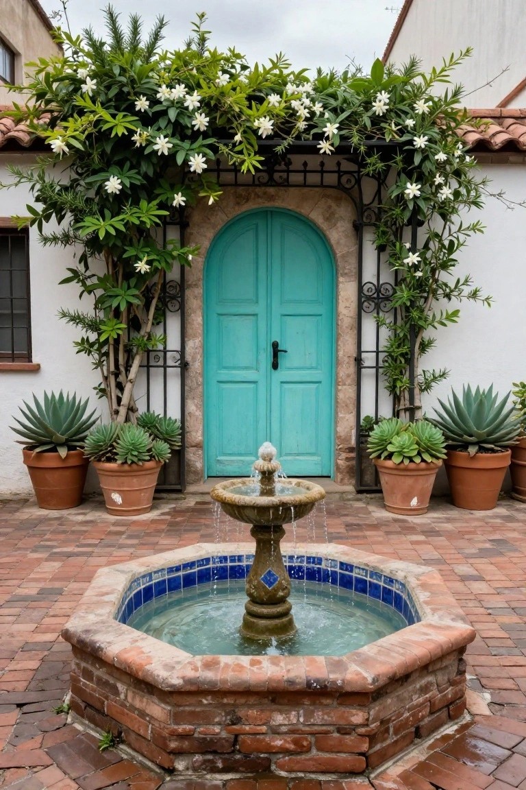 Spanish-style courtyard entrance with turquoise double doors in a stone arch behind a black wrought-iron gate covered in white star jasmine vines, a central octagonal stone fountain with blue tiles, and large terracotta pots of agave and aloe plants on brick pavers.