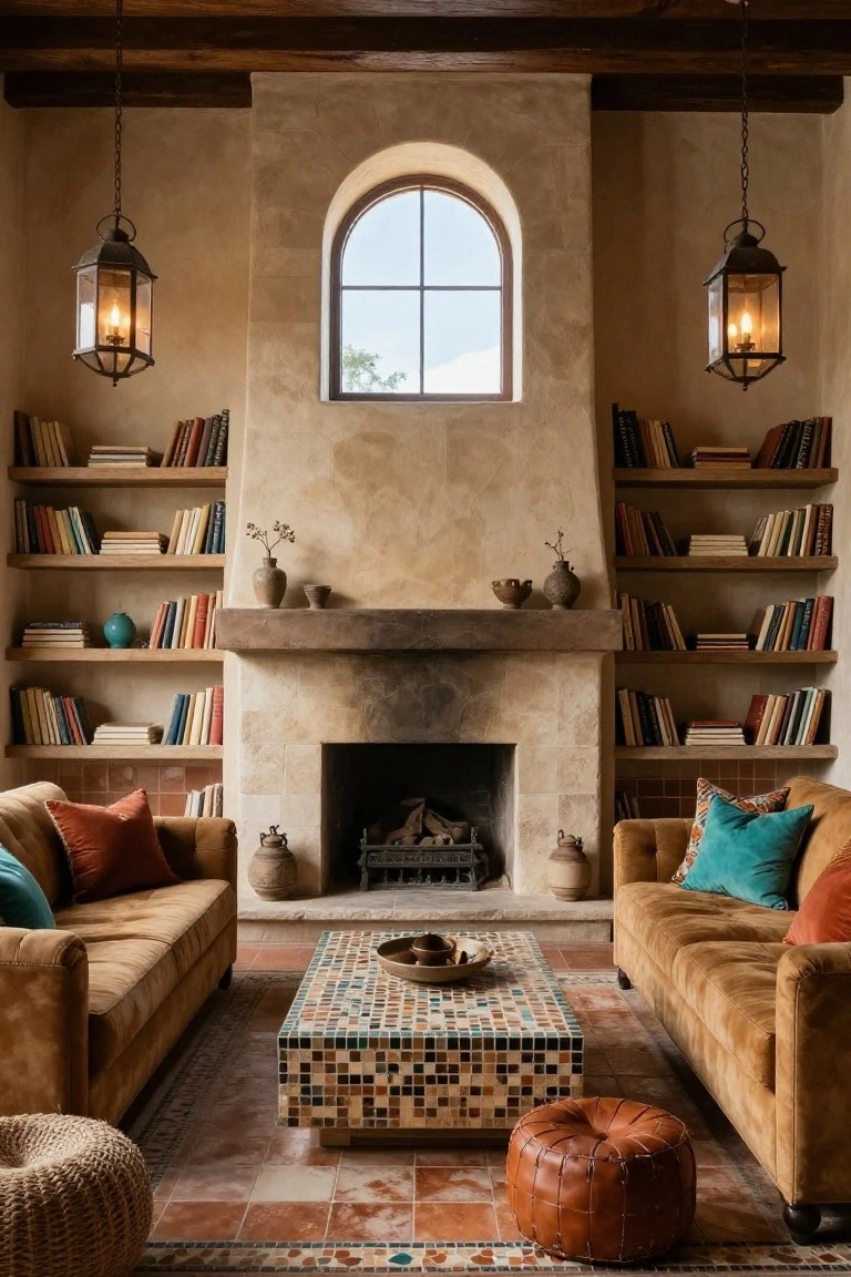 Hacienda-style living room with tan upholstered sofas facing a large stone fireplace flanked by wooden bookshelves filled with books and pottery, arched window, pendant lanterns, and woven ottoman.