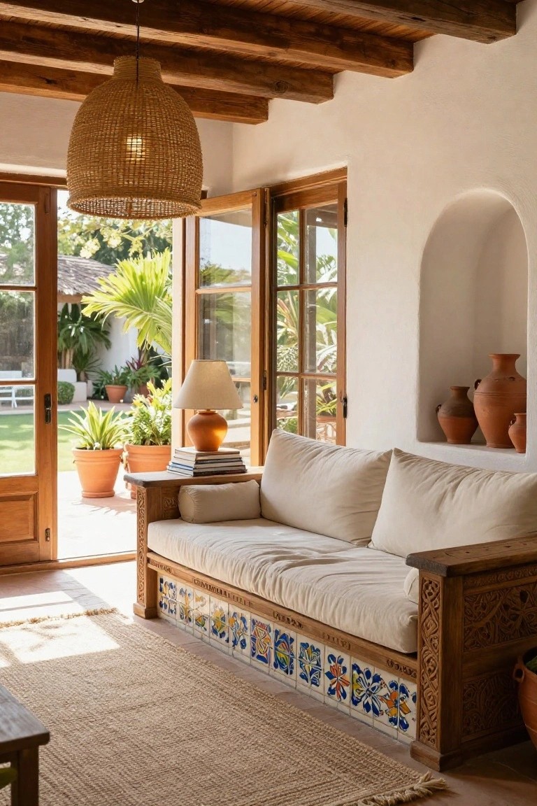 Hacienda-style living room interior with low carved wooden daybed on colorful tile base, white cushions, open wooden doors to tropical garden, potted plants, terracotta pots, and rattan pendant light under wooden beam ceiling.