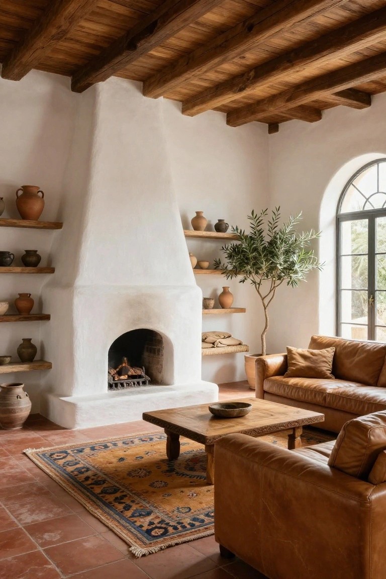 Hacienda-style living room with tall white stucco fireplace, wooden shelves holding terracotta pots, tan leather sofa, low wooden coffee table, potted olive tree near arched window, terracotta tile floor, and wooden beamed ceiling.