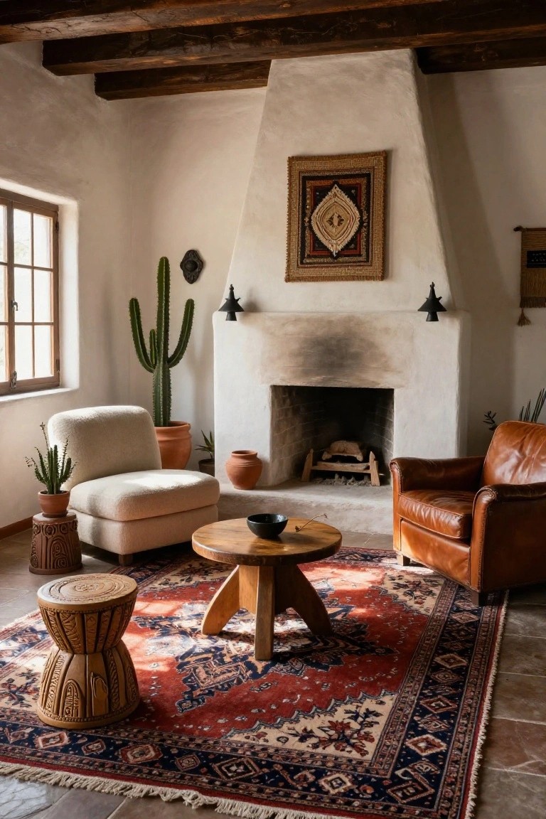 Hacienda-style living room interior with smooth white adobe walls, exposed wood beam ceiling, corner fireplace with firewood, cream boucle armchair, tan leather armchair, low wooden coffee table, carved wood stools, potted cacti and succulents, colorful patterned rug, and woven wall hanging.
