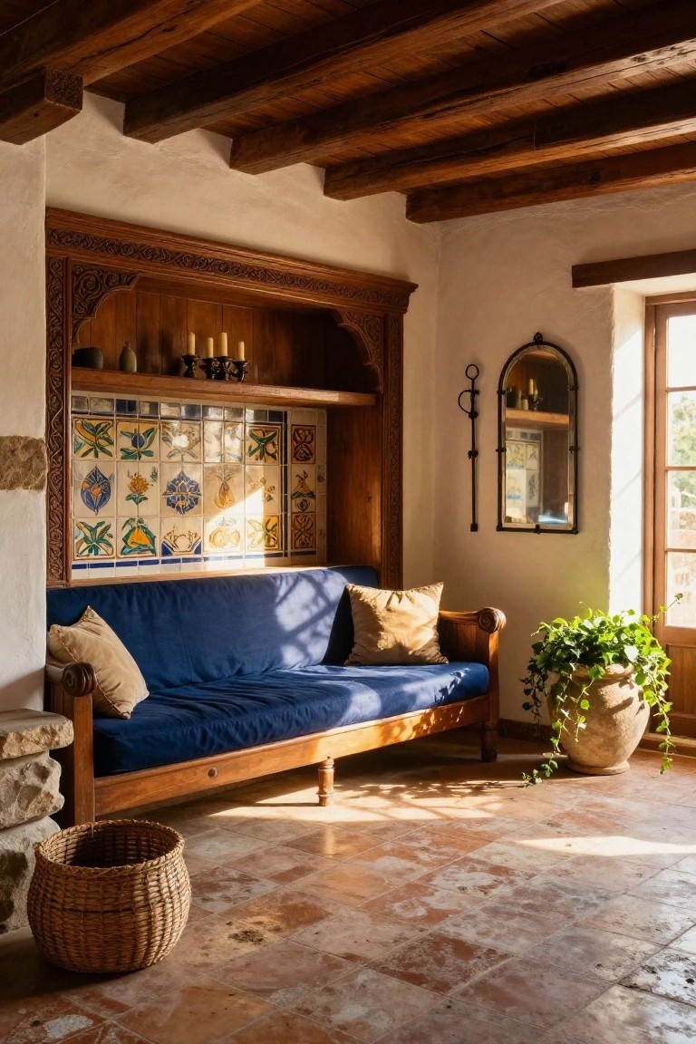 Sunlit interior of a hacienda-style living room with a blue-cushioned wooden daybed in a carved wooden alcove featuring colorful tiled panels, wooden ceiling beams, a potted plant, and a wicker basket on terracotta tile floors.