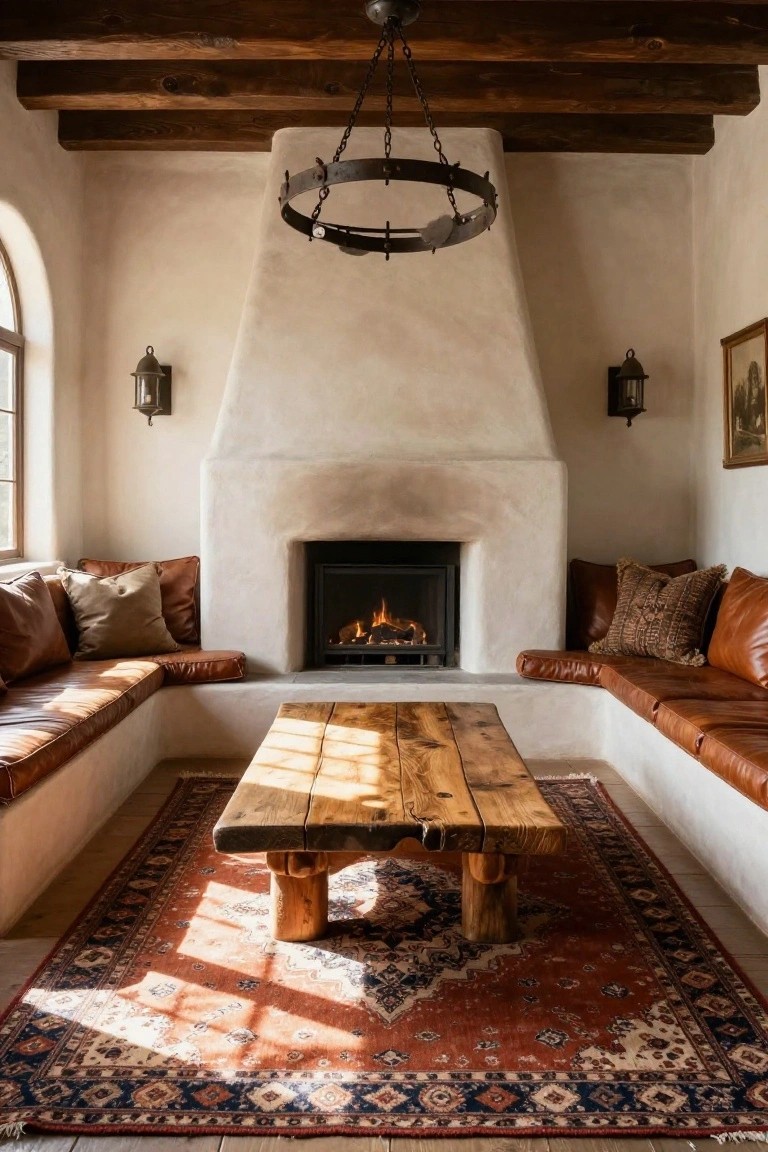 Hacienda-style living room with white stucco walls and fireplace flanked by built-in tan leather banquettes, a rough-hewn wooden coffee table on a red and blue patterned rug, wooden ceiling beams, and iron wall sconces.