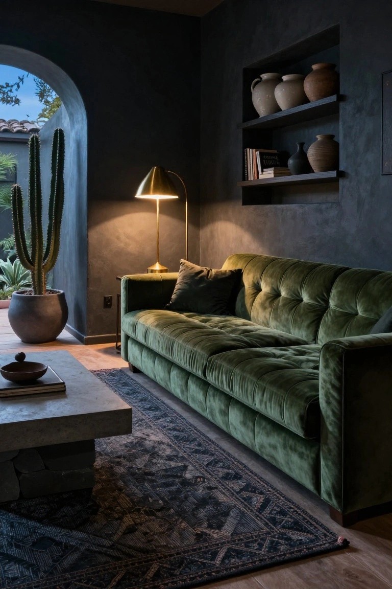 Dark charcoal-walled living room featuring a green velvet tufted sofa, gold arched lamp, built-in shelves with pottery and books, concrete coffee table, and archway opening to outdoor cactus plants.