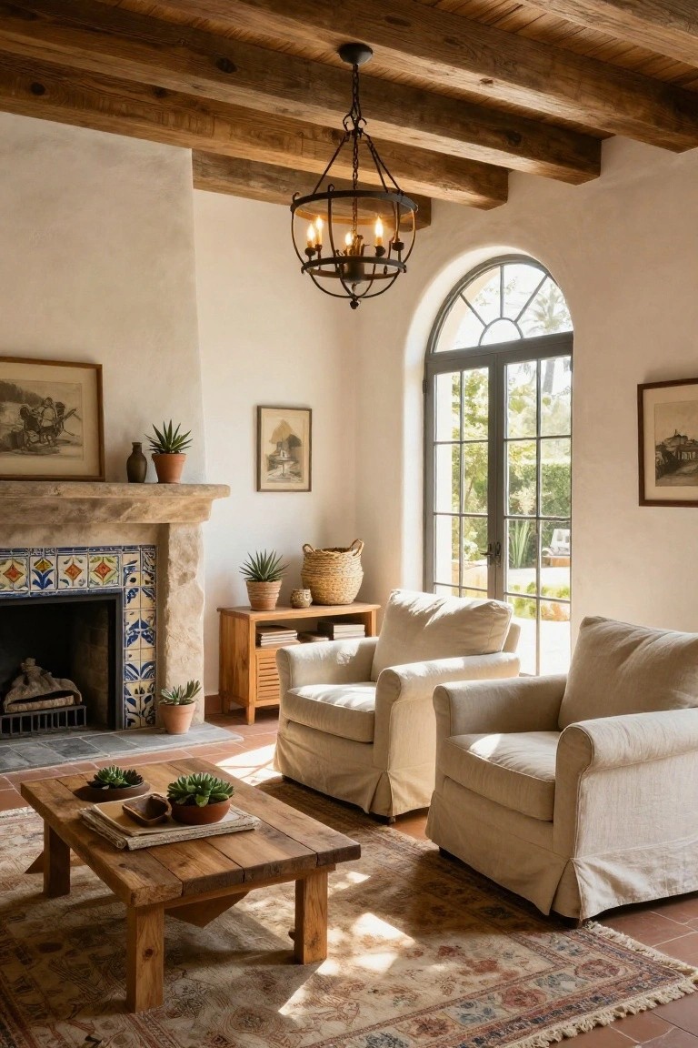 Hacienda-style living room with dark exposed wooden beams on the ceiling, beige slipcovered armchairs, wooden coffee table, colorful tiled stone fireplace, potted plants, and arched windows with doors to a garden.