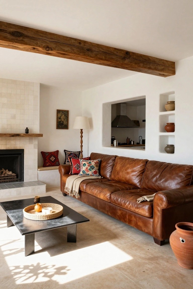 Hacienda-style living room with exposed dark wooden ceiling beams, tan leather sofa with colorful patterned pillows and throw, black metal coffee table holding a woven tray with oranges, tiled fireplace, and open view to kitchen with shelves holding terracotta pots.