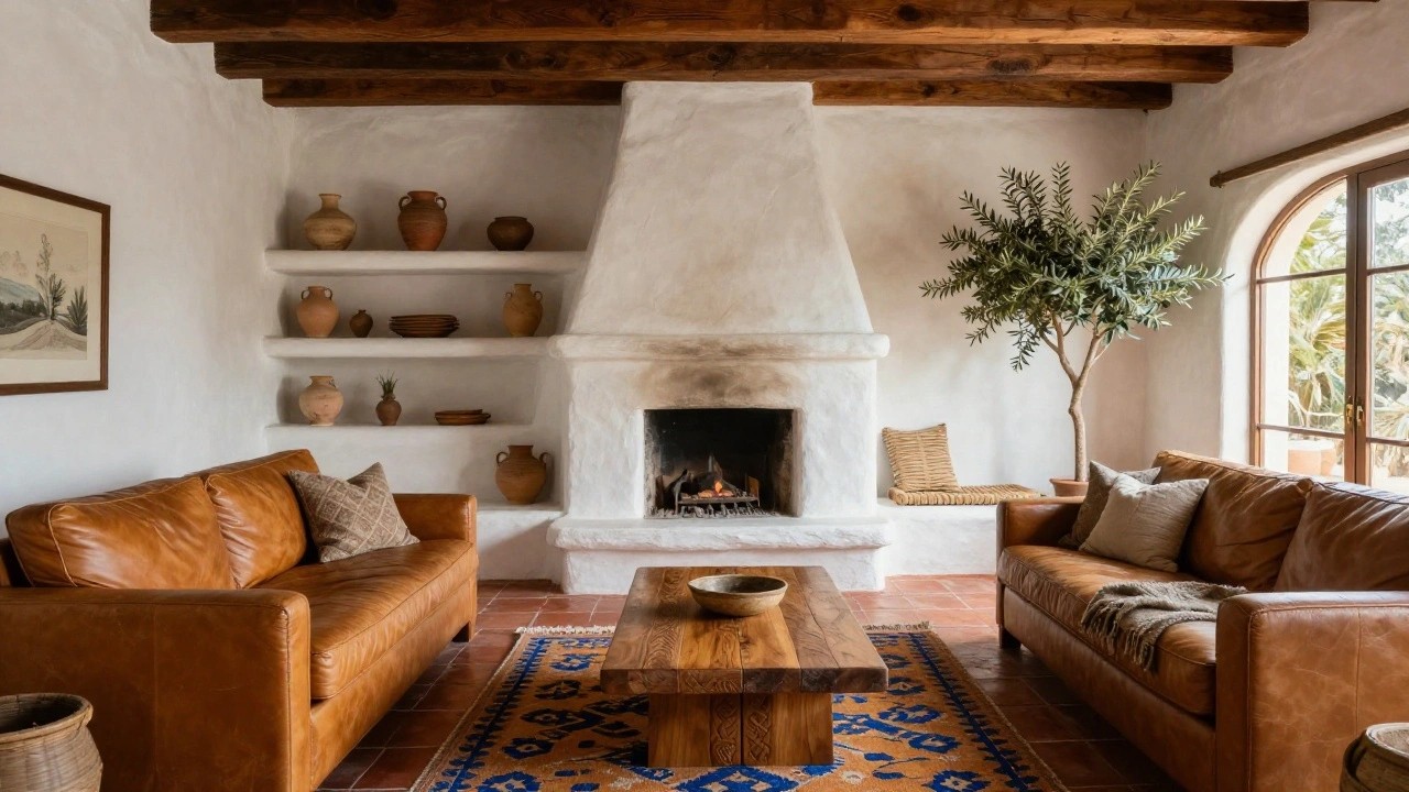 Hacienda-style living room with tall white stucco fireplace, wooden shelves holding terracotta pots, tan leather sofa, low wooden coffee table, potted olive tree near arched window, terracotta tile floor, and wooden beamed ceiling.