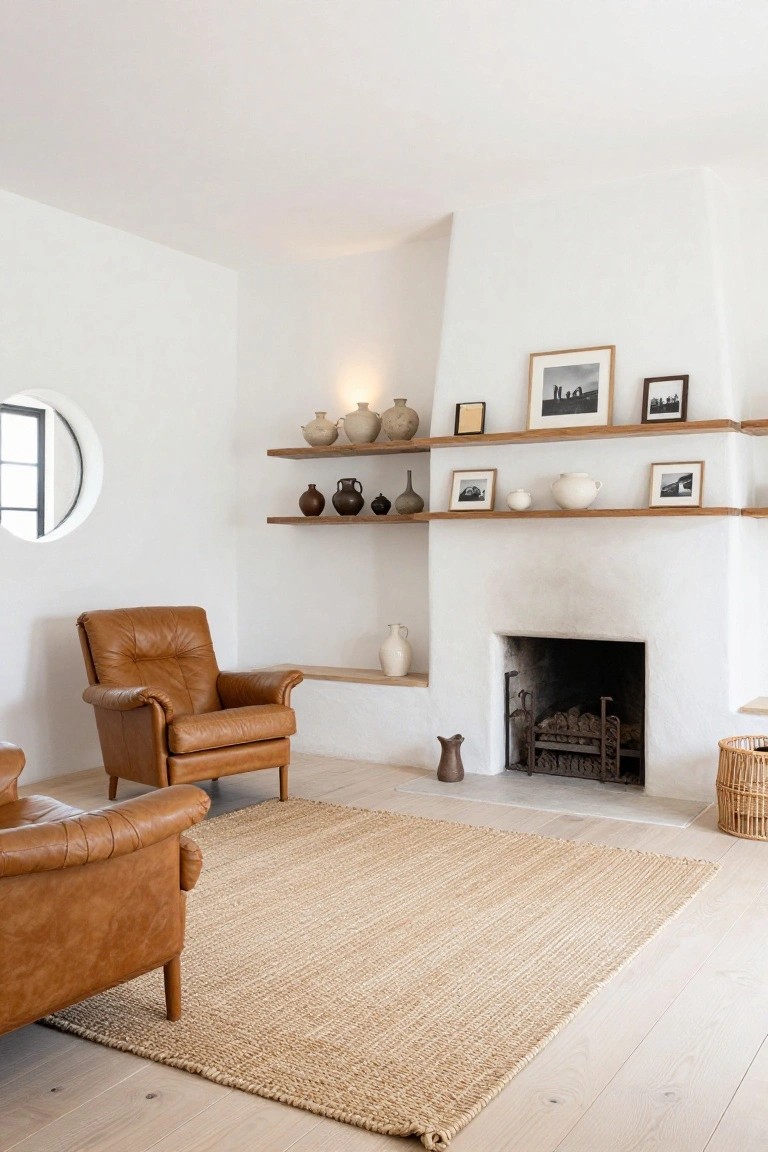 White-walled living room with fireplace surrounded by wood shelves displaying assorted ceramic vases and jars, two tan leather armchairs on seagrass rug, round window, and woven basket.