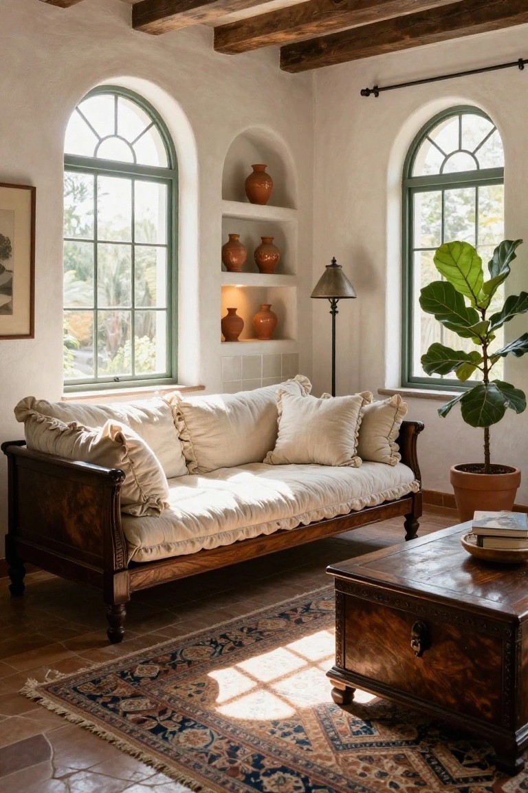 Hacienda-style living room interior with a wooden daybed covered in ruffled white linen cushions, arched green-framed windows, wall niches holding terracotta pots, a large ficus plant in a terracotta pot, brass floor lamp, wooden coffee table with books, and patterned rug on terracotta tile floor.
