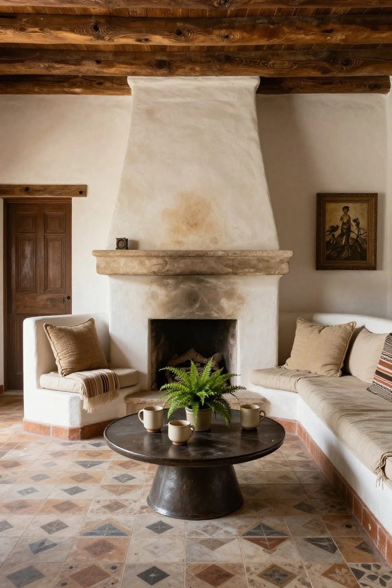 Hacienda living room with large curved white stucco fireplace, exposed wooden ceiling beams, white armchair and built-in bench with beige cushions and throws, round metal coffee table holding ceramic mugs and fern plant, on terracotta diamond-pattern tile floor.