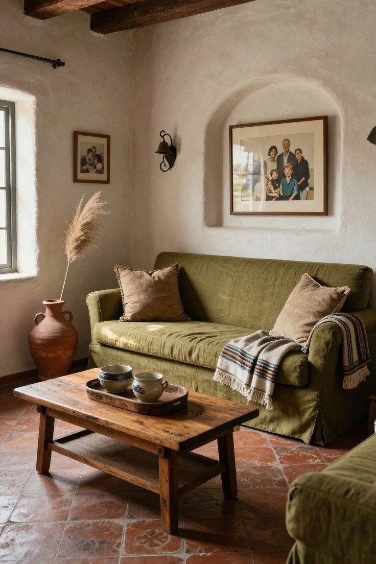 Hacienda-style living room with whitewashed adobe walls, green slipcovered sofa with pillows and throw blanket, wooden coffee table holding ceramic bowls and tray, pampas grass vase, terracotta tile floor, and framed family photos.