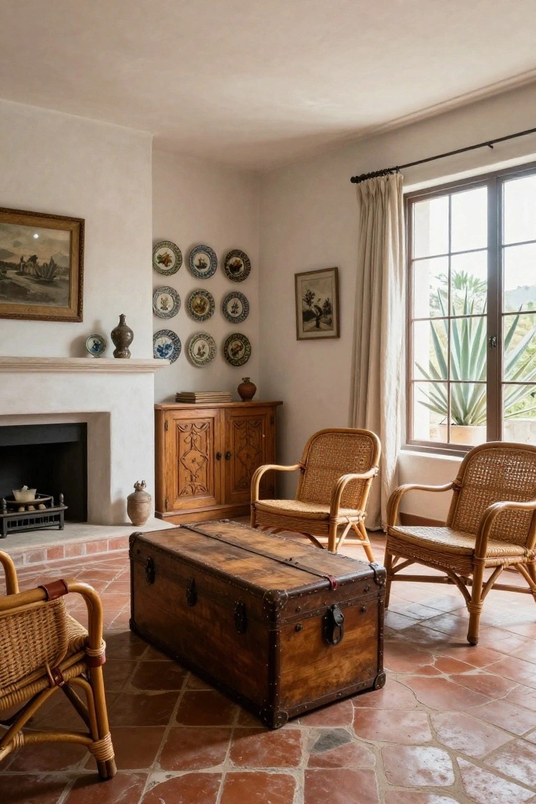 Hacienda-style living room with white walls, terracotta tile floors, rattan chairs around a wooden trunk coffee table, wooden cabinet by fireplace, ceramic vases, and decorative plates on wall.