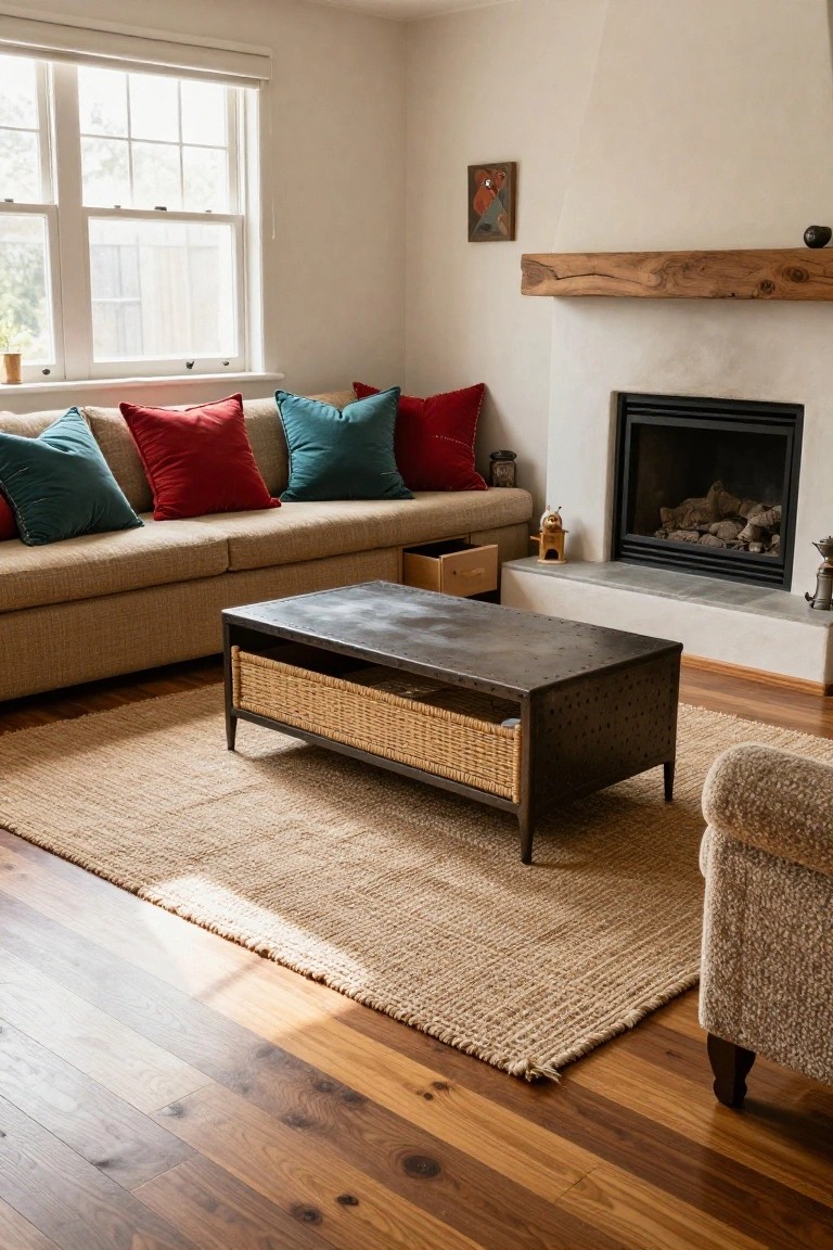 Living room with beige sofa and colorful teal and red pillows, black metal coffee table with rattan basket drawer, fireplace under exposed wood beam mantel, seagrass rug, and hardwood floors.