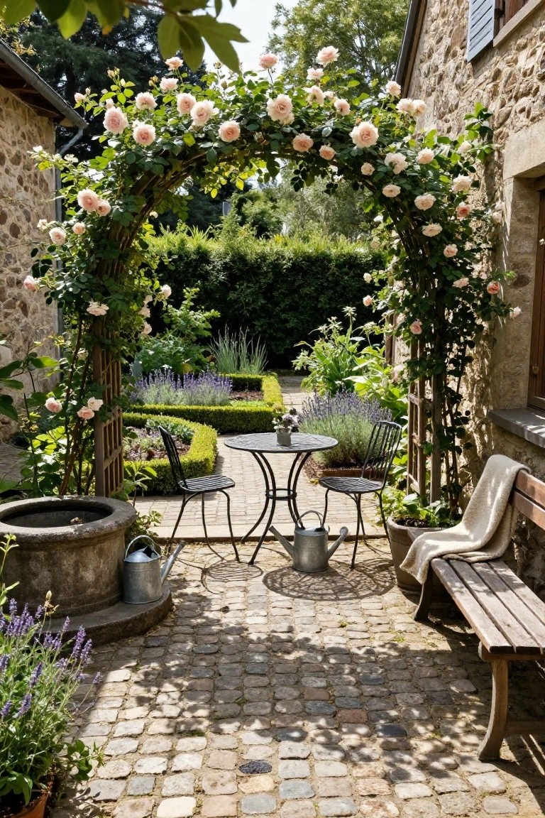 Cobblestone courtyard patio with wrought-iron bistro table, two chairs, and potted plants under a pink rose-covered wooden archway, stone walls, bench, well, and lavender in the background.