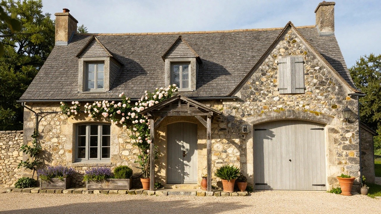 Stone cottage exterior with timber-framed covered porch over gray arched wooden door, pink climbing roses on porch post, potted lavender and boxwood plants on steps, adjacent wooden garage doors, gravel driveway, and trees around.