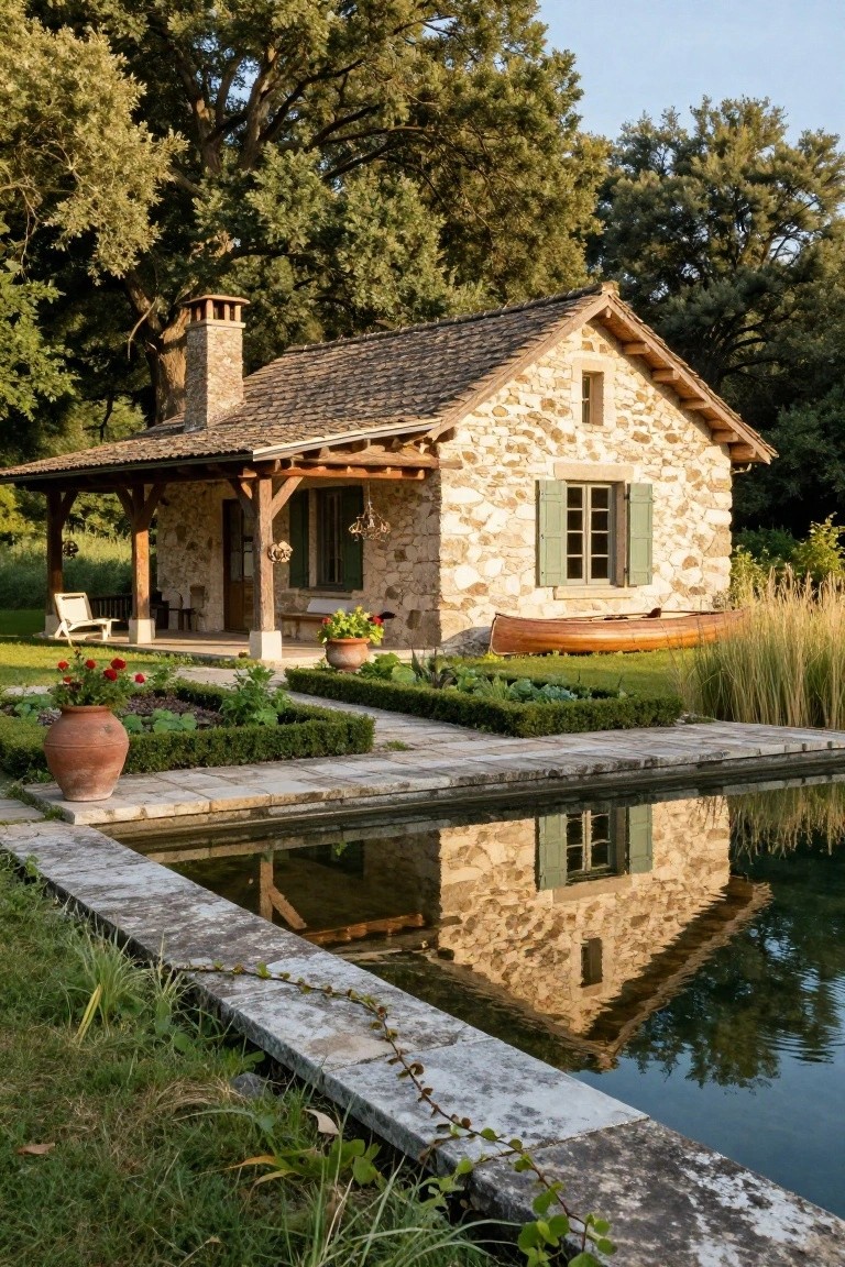 Small rustic stone cottage with slate roof, stone chimney, wooden porch, and green shutters beside a rectangular reflecting pool, with manicured garden beds, a canoe, and surrounding trees and reeds.