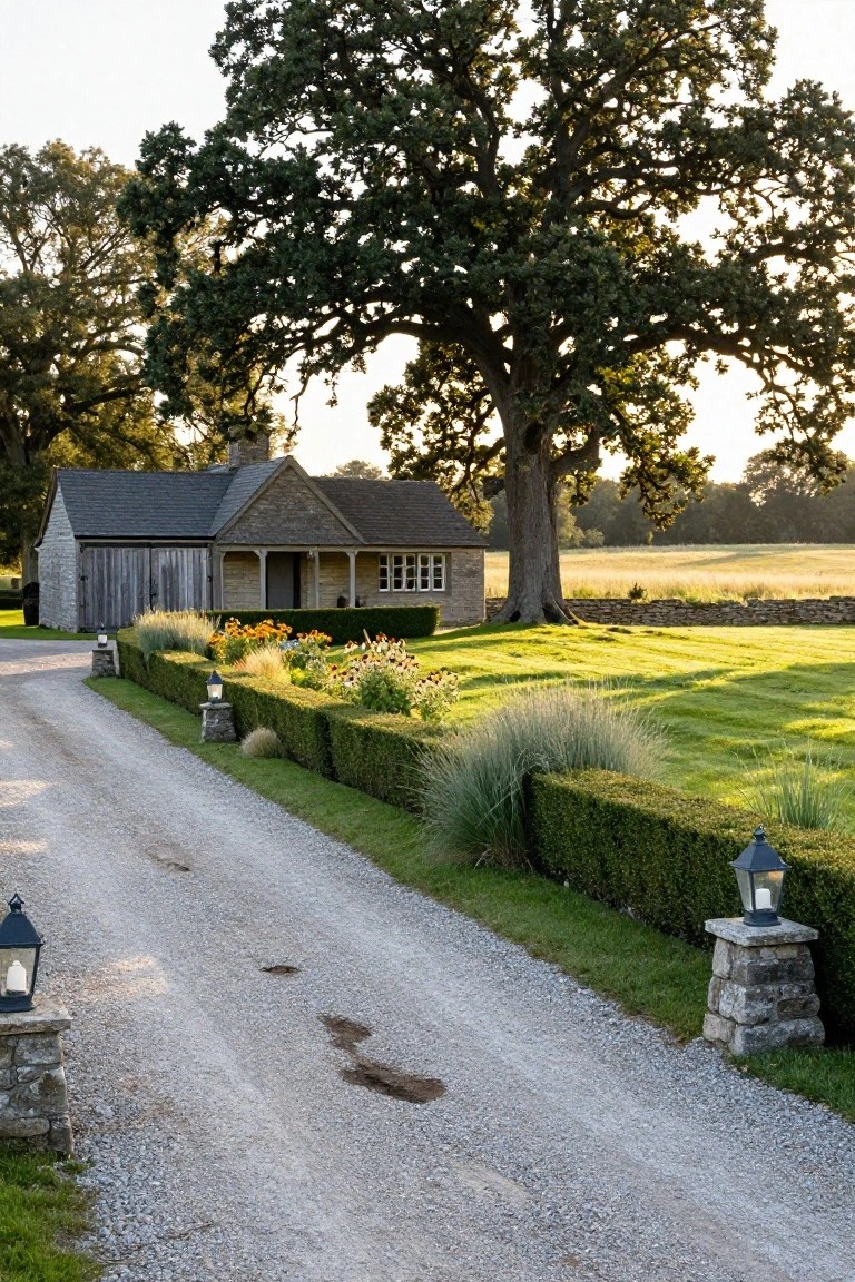 Stone cottage building with gray shingle roof and wooden garage doors under a large oak tree, approached by gravel driveway bordered by boxwood hedges, ornamental grasses, flowers, and stone pillar lanterns.