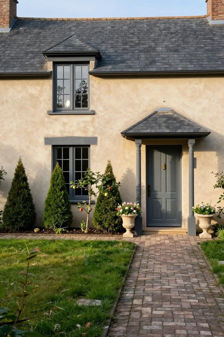Beige stucco single-story house with dark slate roof and dark trim around windows and a column-supported porch over a dark paneled door, flanked by conifer trees and terracotta pots with flowers along a brick path in a grassy yard.