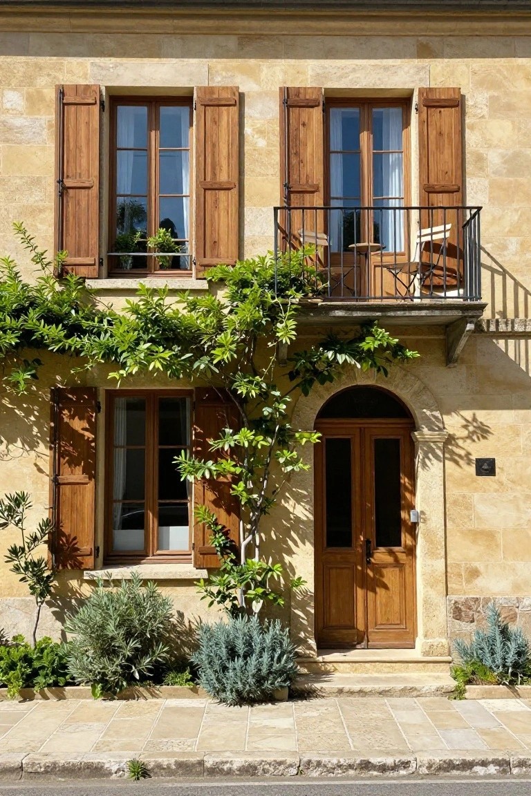 Light beige stone two-story house exterior with wooden shutters on windows, small metal-railed balcony with two chairs and table upstairs, arched wooden double doors downstairs flanked by windows, climbing vines covering upper facade and balcony edge, lavender and other shrubs at base, stone-paved walkway in front.
