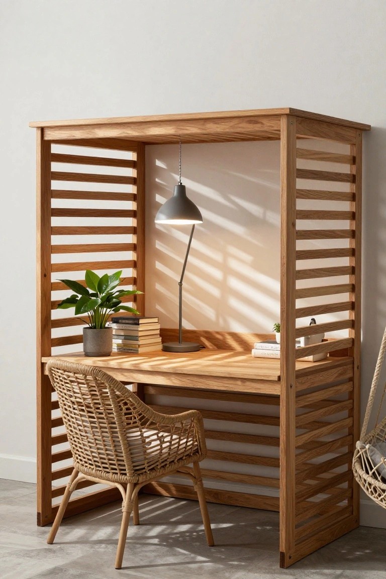 Wooden desk enclosed by vertical slatted oak panels forming a booth-like structure, with a rattan armchair, adjustable desk lamp lit up, potted plants, stacked books, and a small white box on the oak desktop against a white wall.