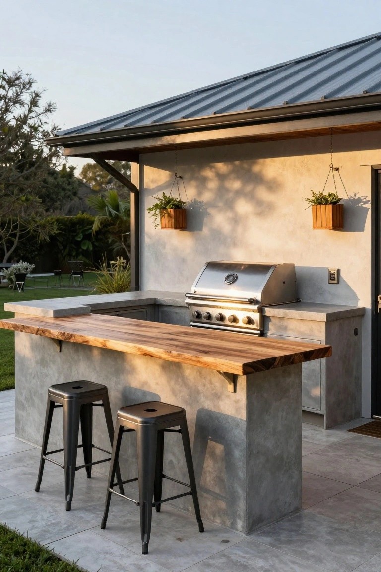 Outdoor kitchen with built-in stainless steel grill on gray concrete counters, live-edge wood bar top overhang, two black metal bar stools, hanging plants, under metal-roofed structure next to backyard grass and door.