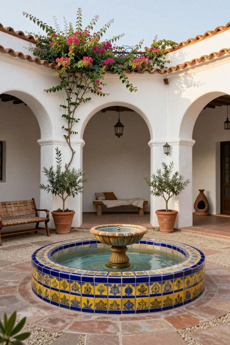 Spanish courtyard with tiled fountain, bougainvillea, arches, and potted olive trees.
