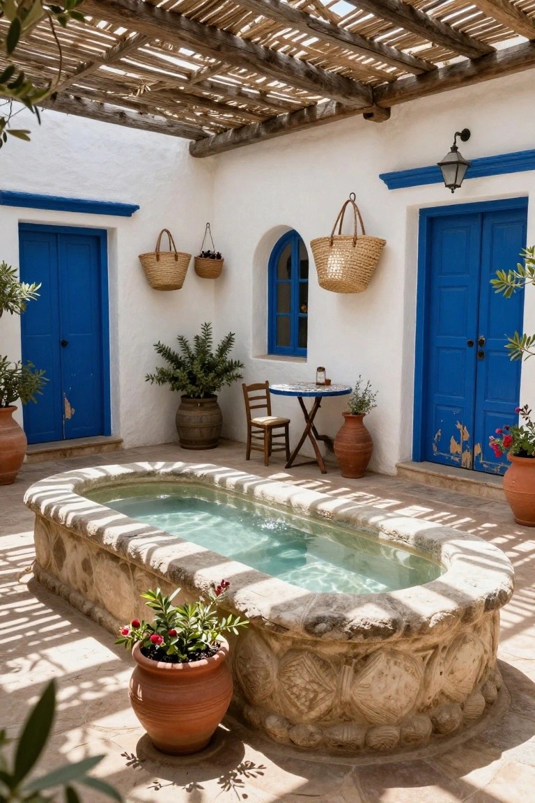 White stucco hacienda courtyard featuring blue doors, hanging woven baskets, potted plants, a small round table with chairs, and a central oval stone pool filled with clear water under a reed ceiling.