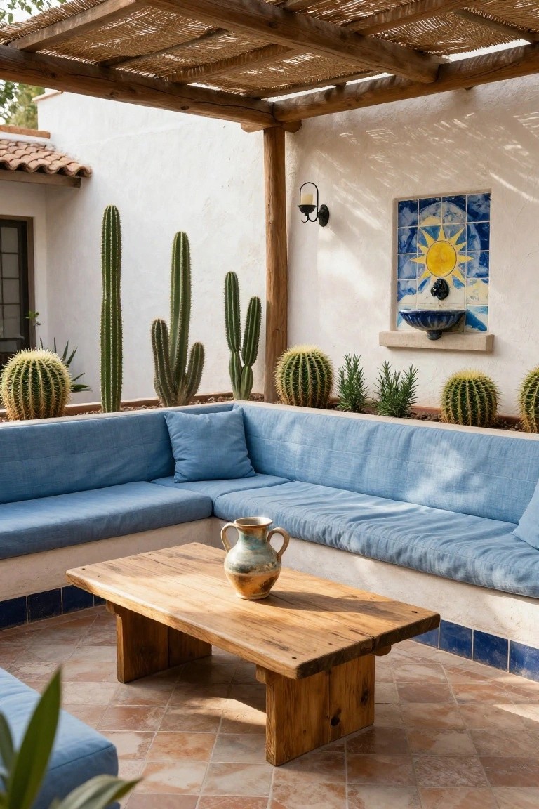 Blue L-shaped outdoor couch with cushions under a thatched pergola in a hacienda courtyard, with a low wooden coffee table, pottery vase, cacti plants, and blue sun tile on white stucco wall.