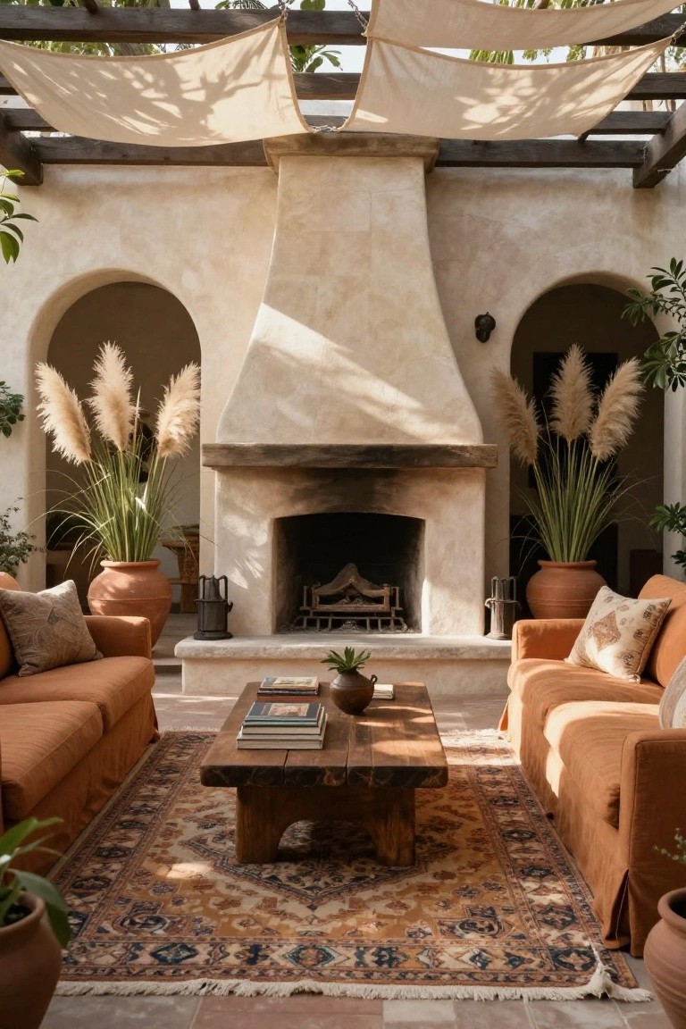 Sunlit hacienda courtyard with beige stucco walls and arches, stone fireplace in center flanked by pampas grass in terracotta pots, orange upholstered sofas around wooden coffee table on patterned rug, under beige fabric pergola on terracotta floor.