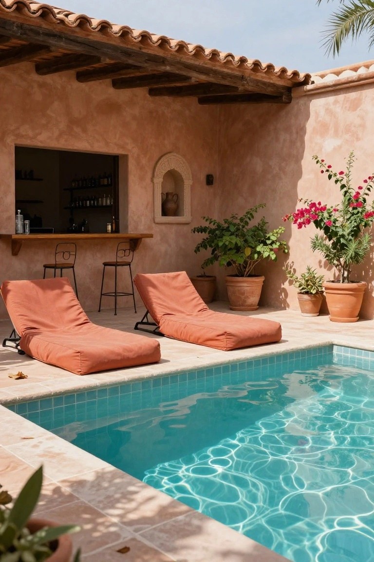 Terracotta hacienda courtyard with turquoise pool, orange loungers at pool edge, wooden bar counter with two stools, open shelving behind bar, potted plants, and palm tree.