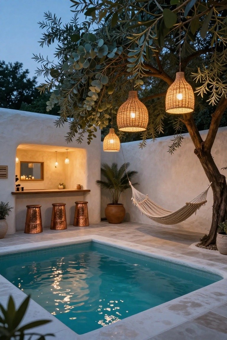 White stucco hacienda-style courtyard featuring a built-in bar alcove with wooden counter, three copper stools, hanging rattan lanterns, small turquoise pool, potted plants, palm, hammock, and olive tree.