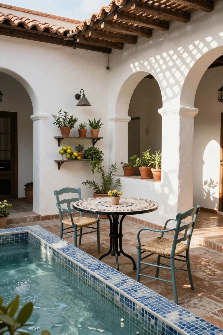 Hacienda-style courtyard featuring white stucco walls, arched openings, potted plants on shelves, a small rectangular blue mosaic-tiled pool, and a round mosaic table with two green ladder-back chairs positioned beside the pool on terracotta tiles.