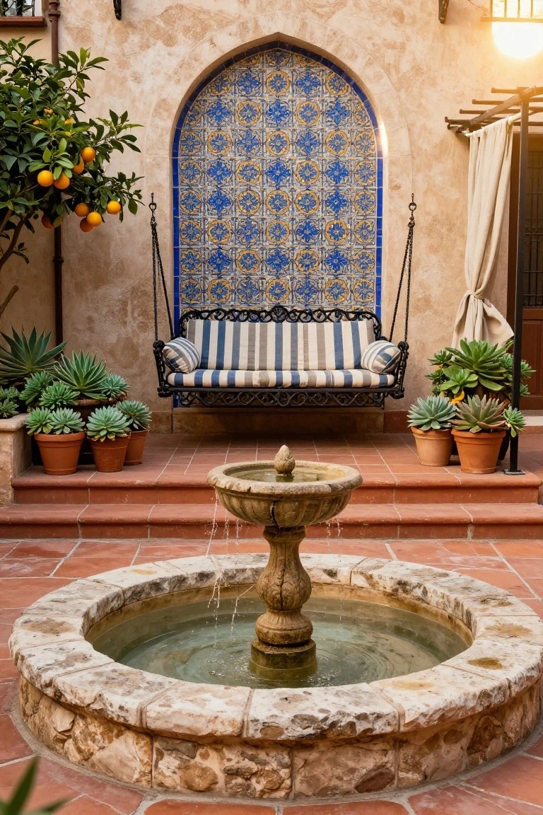 Sunlit hacienda courtyard with central stone fountain, black metal hanging swing with blue-and-white cushions in front of arched blue tiled wall, potted succulents and orange tree on terracotta pavers and steps.