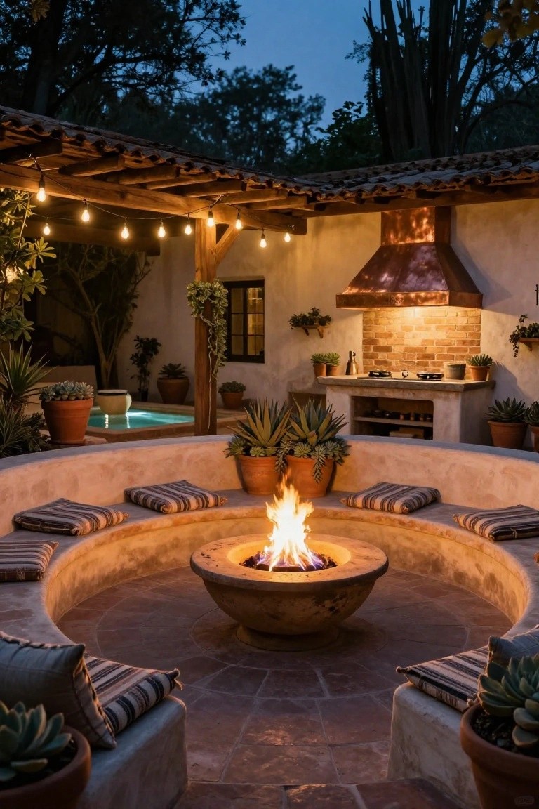 Hacienda-style outdoor courtyard at dusk with curved built-in stucco bench seating encircling a central fire pit, adjacent outdoor kitchen with copper hood and brick backsplash, small turquoise pool, string lights overhead, and potted succulents and agaves.