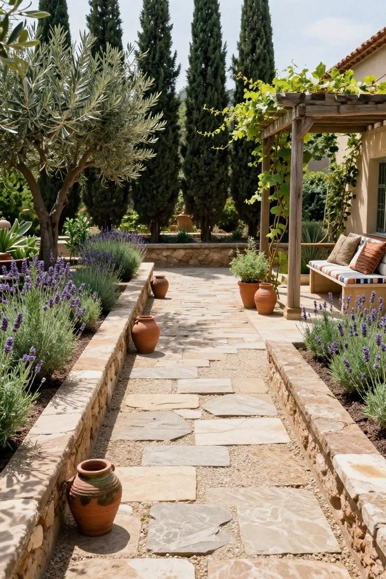 Stone pathway bordered by lavender plants in raised beds along low walls, with terracotta pots placed intermittently, leading to a wooden bench under a grapevine pergola in a hacienda courtyard surrounded by olive and cypress trees.