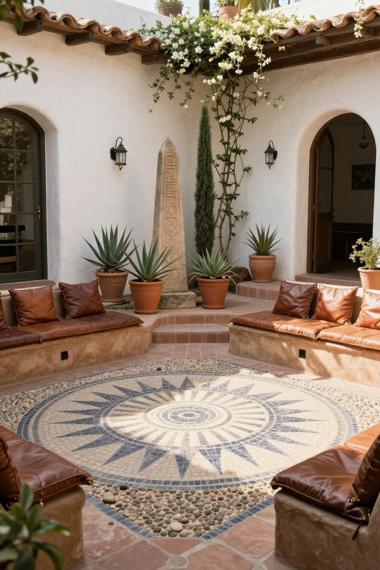 Hacienda-style courtyard with white stucco walls, arched doorways, built-in tan leather benches surrounding a central circular blue-and-white mosaic sunburst floor design, potted agave plants, a tall cypress tree, stone obelisk, and climbing white flowers overhead.