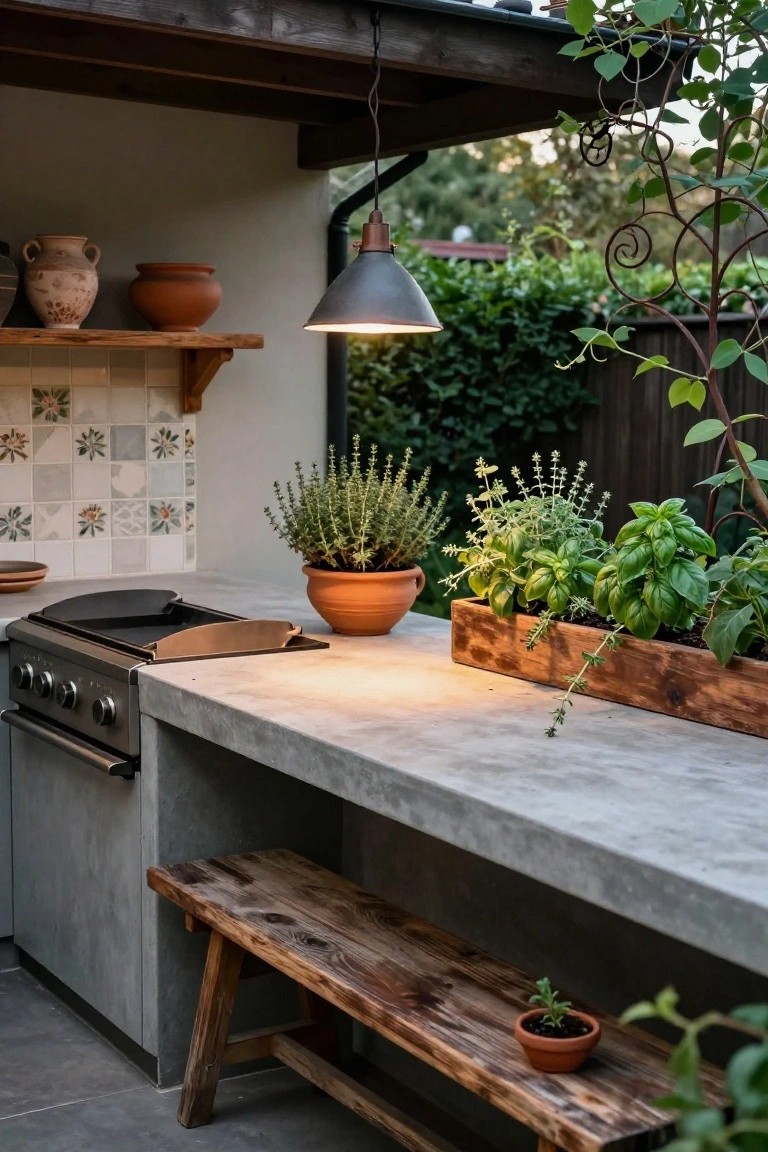 Outdoor kitchen under a wooden pergola-covered patio featuring a concrete countertop with built-in gas grill, wooden box planter of basil and other herbs, terracotta pots of thyme and plants, wooden bench, tiled backsplash, hanging lamp, and surrounding greenery.