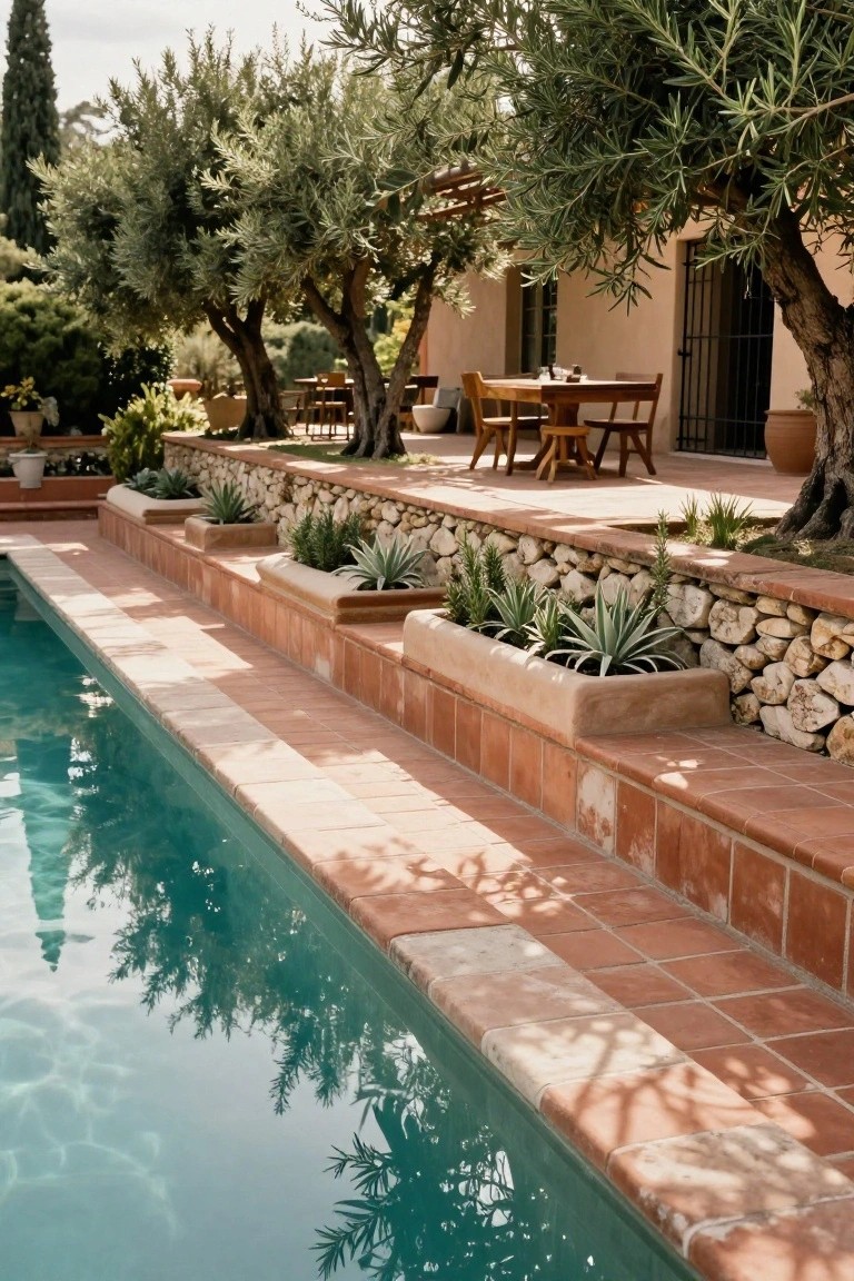 Rectangular swimming pool with terracotta tile decking edged by raised stone planters containing agave and succulent plants, olive trees and outdoor wooden dining table in the background.