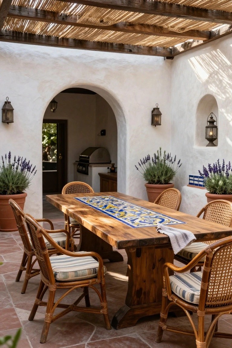 Sunlit hacienda courtyard with white adobe walls, thatched pergola roof, wooden dining table topped with blue and yellow tile runner and cloth napkin, rattan chairs with cushions, potted lavender plants, lanterns, and grill visible through arched doorway.