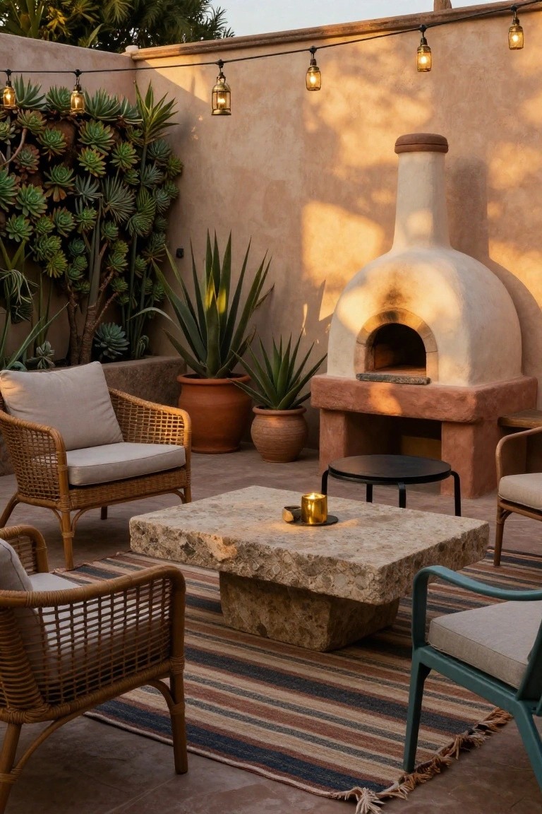 Beige stucco wood-fired pizza oven built into a courtyard wall surrounded by agave plants, large terracotta pots, wicker chairs, a low stone table with candle, black metal side table, striped rug, and string lights at sunset.