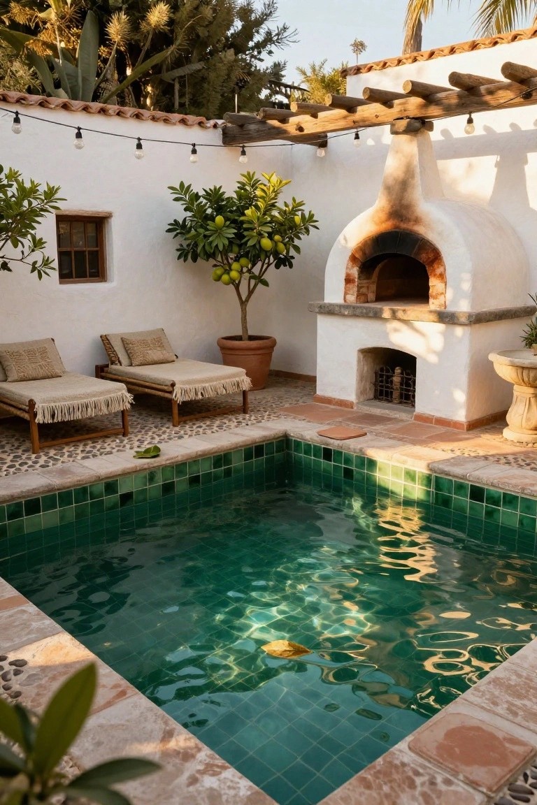 Small square pool with green tiles in a hacienda-style courtyard surrounded by white stucco walls, two beige loungers on a pebble patio, a large wood-fired oven, potted lemon tree, string lights overhead, and various plants.