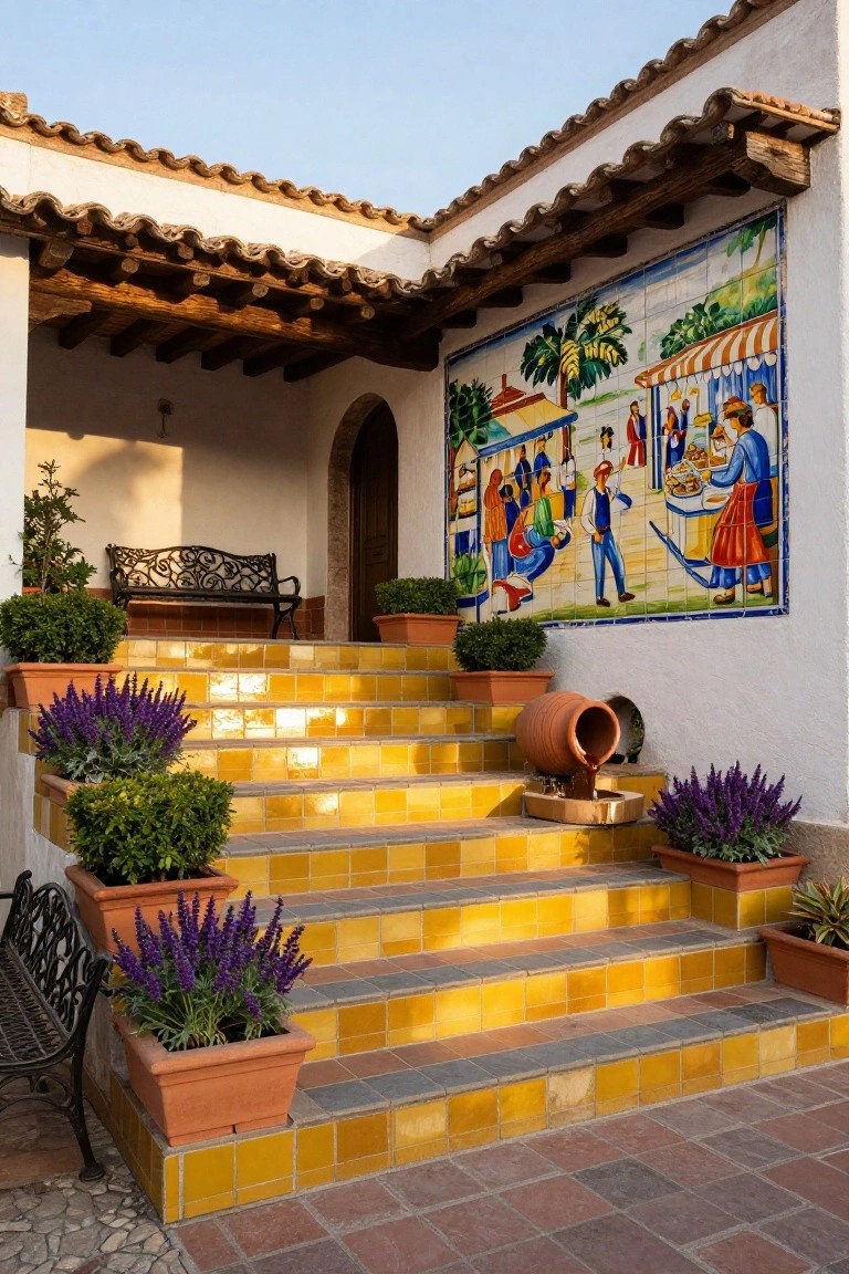 Hacienda entrance with yellow-glazed tile stairs lined by potted lavender and greenery, wrought-iron benches, terracotta pots, a colorful market-scene mural on the wall, and an arched wooden door under a tiled roof overhang.