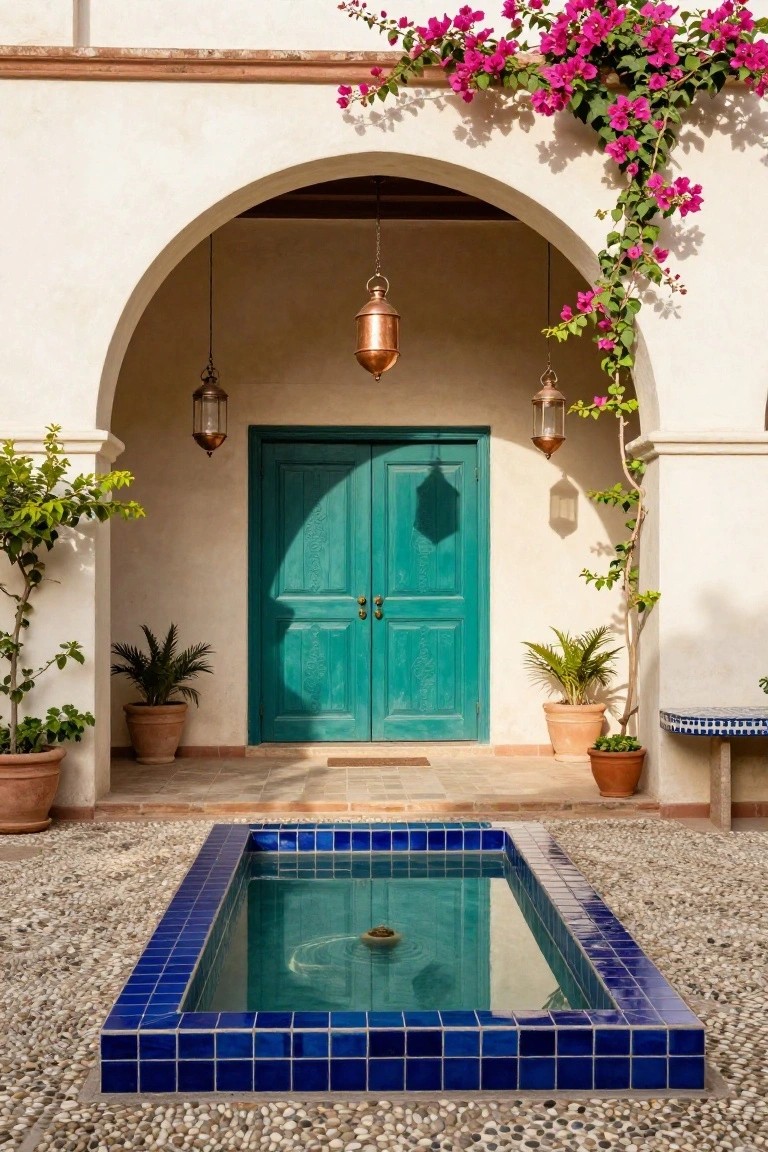 White stucco hacienda archway framing turquoise double doors, with copper lanterns hanging on each side, bougainvillea vines overhead, potted plants flanking the entry, and a small blue-tiled fountain in a gravel courtyard.