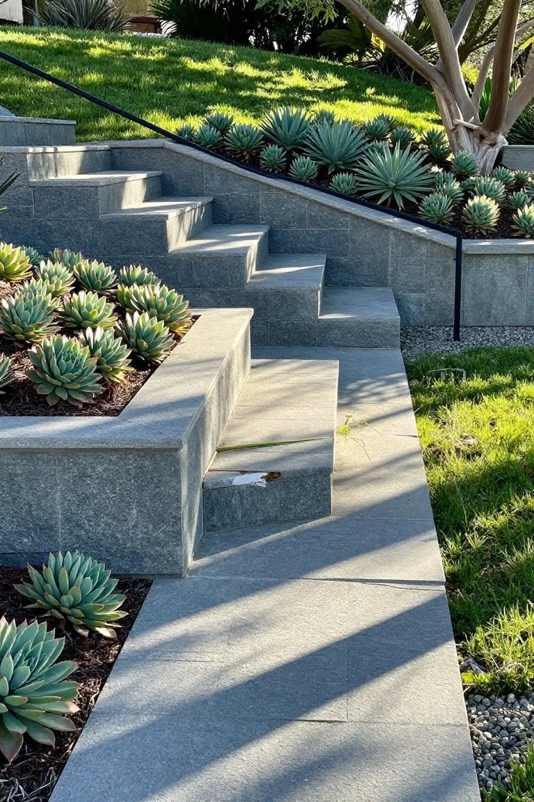 Gray stone stairs on a hillside with raised rectangular planters filled with clusters of blue-green agave succulents, black metal handrail, surrounding grass, gravel, and agave plants.