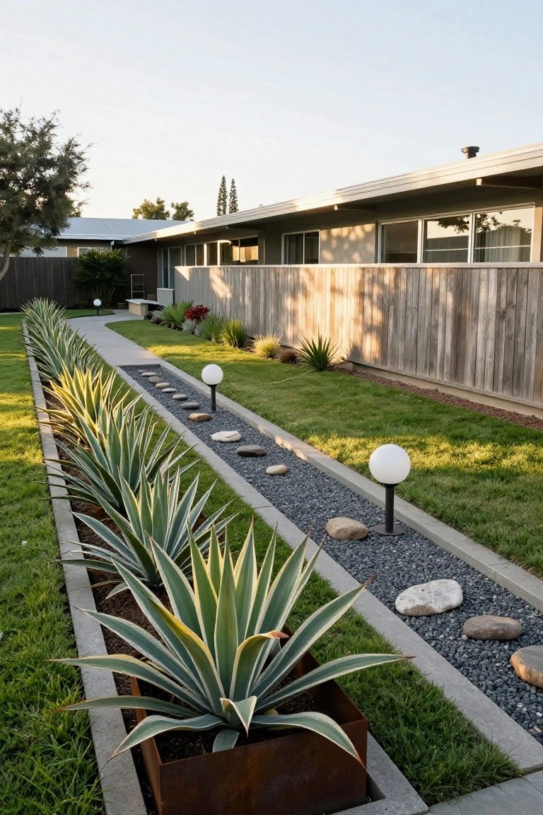 Gravel pathway with embedded stones bordered by grass on one side and corten steel planters filled with agave plants on the other, leading toward a mid-century modern house exterior and wooden fence.