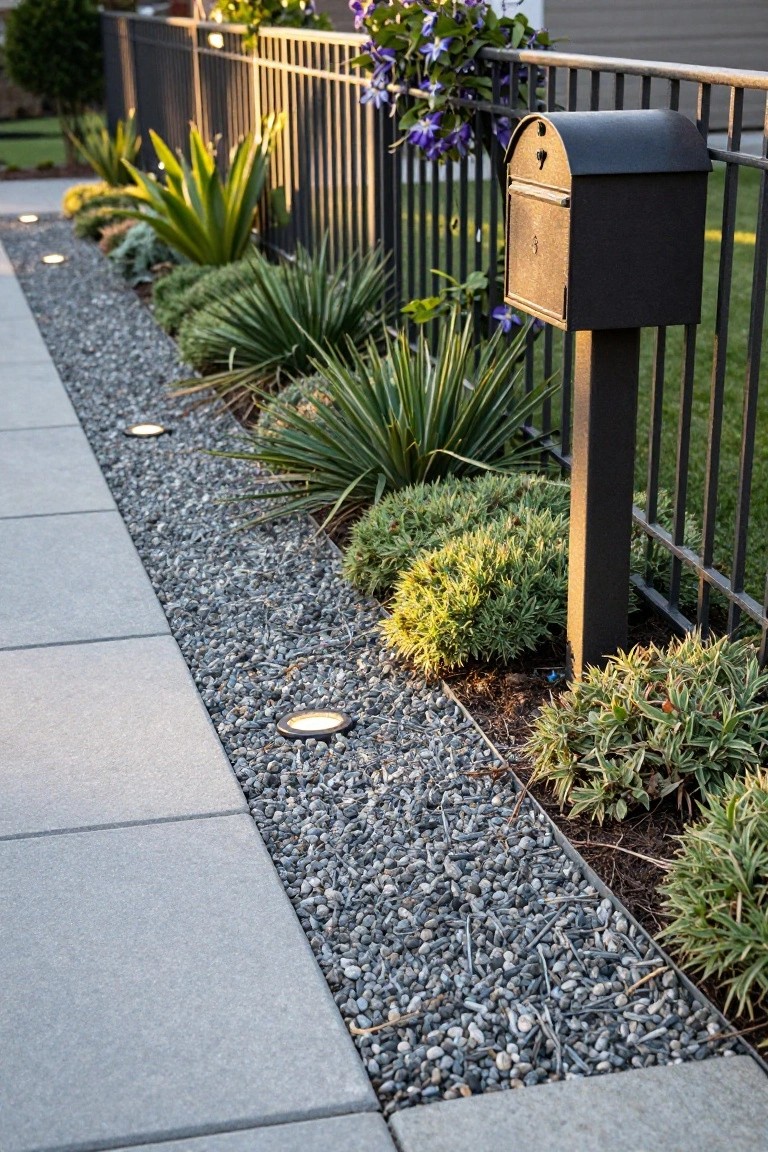 Paver walkway bordered by a strip of gray gravel mulch and drought-tolerant plants including agave and shrubs, adjacent to a black metal fence with a mailbox and in-ground lights.