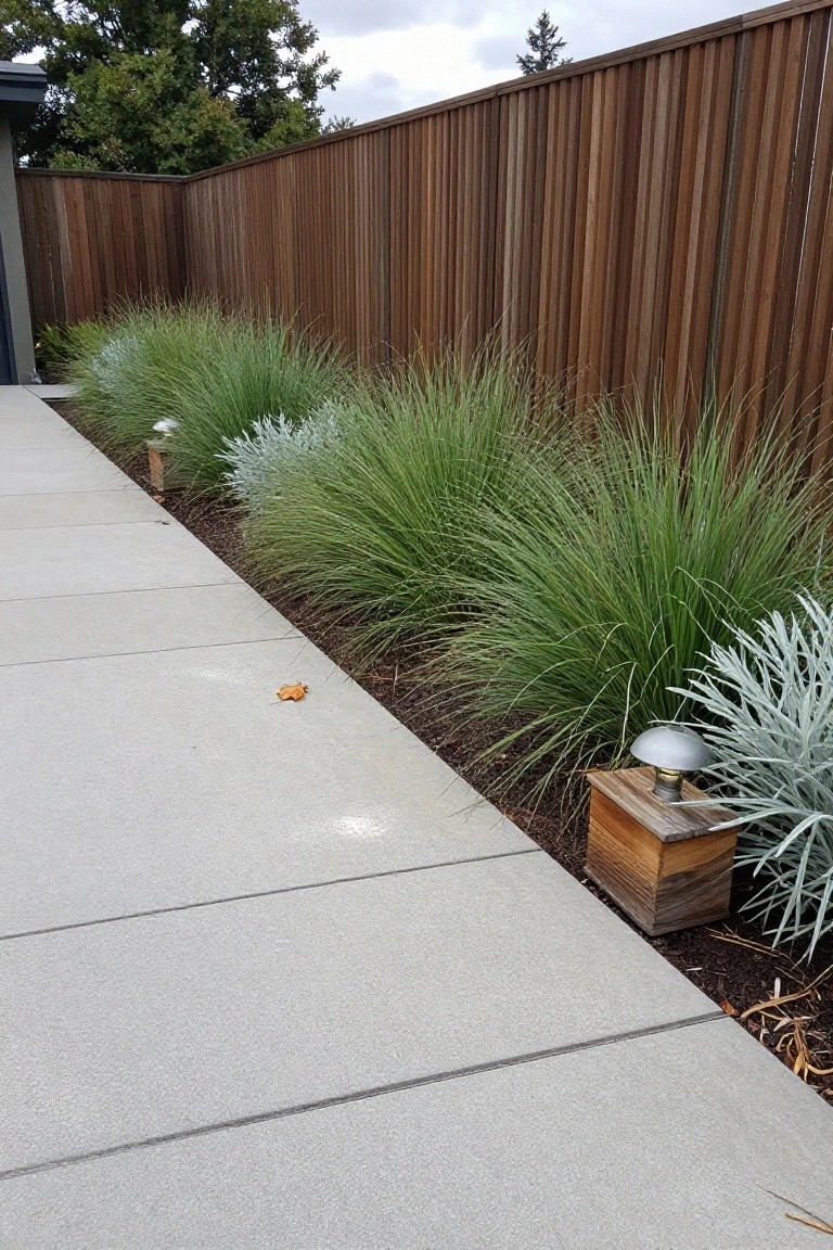 Concrete walkway edged by tall green ornamental grasses and low silvery foliage plants next to a vertical wooden fence, with several low path lights along the border.