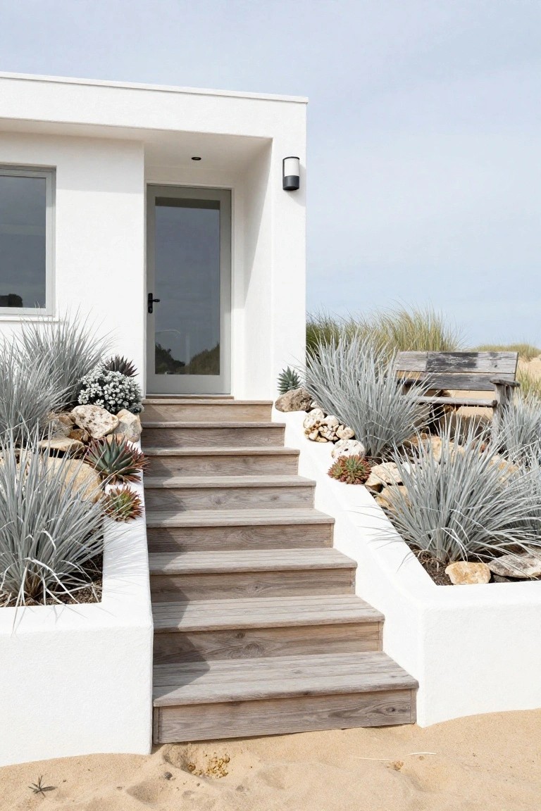 White modern house exterior featuring wooden steps to a frosted glass door, surrounded by raised white beds planted with agaves, succulents, and rocks on a sandy beachfront.