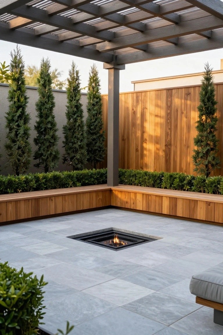 Outdoor patio featuring a central square fire pit with flames on gray tiled flooring, surrounded by L-shaped wooden benches topped with boxwood hedges, tall evergreen trees, a wooden fence, and a metal pergola overhead.