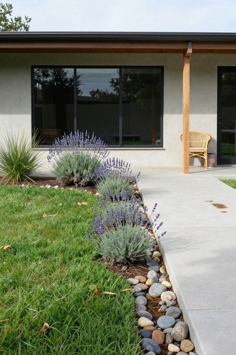Side view of a stucco mid-century modern house with black-framed windows and a wood post, featuring a concrete walkway edged by clustered lavender plants, yucca grasses, river rocks, and mulch bordering a green lawn.